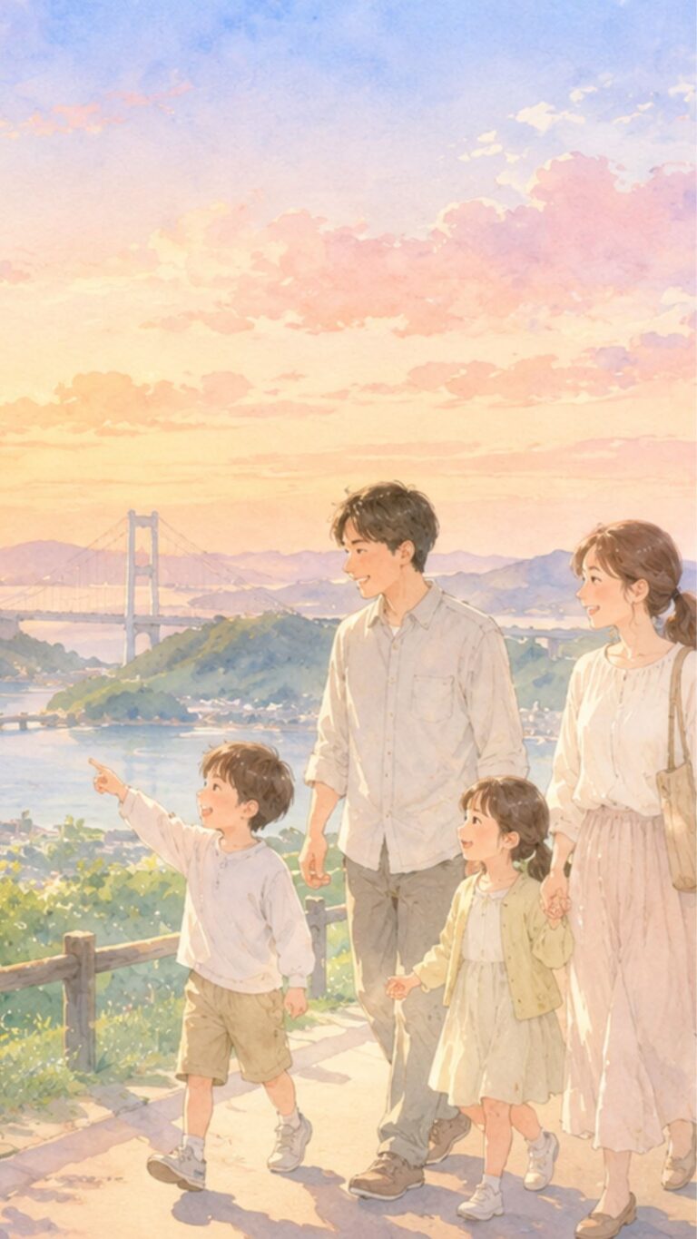 夕焼けを見る家族
