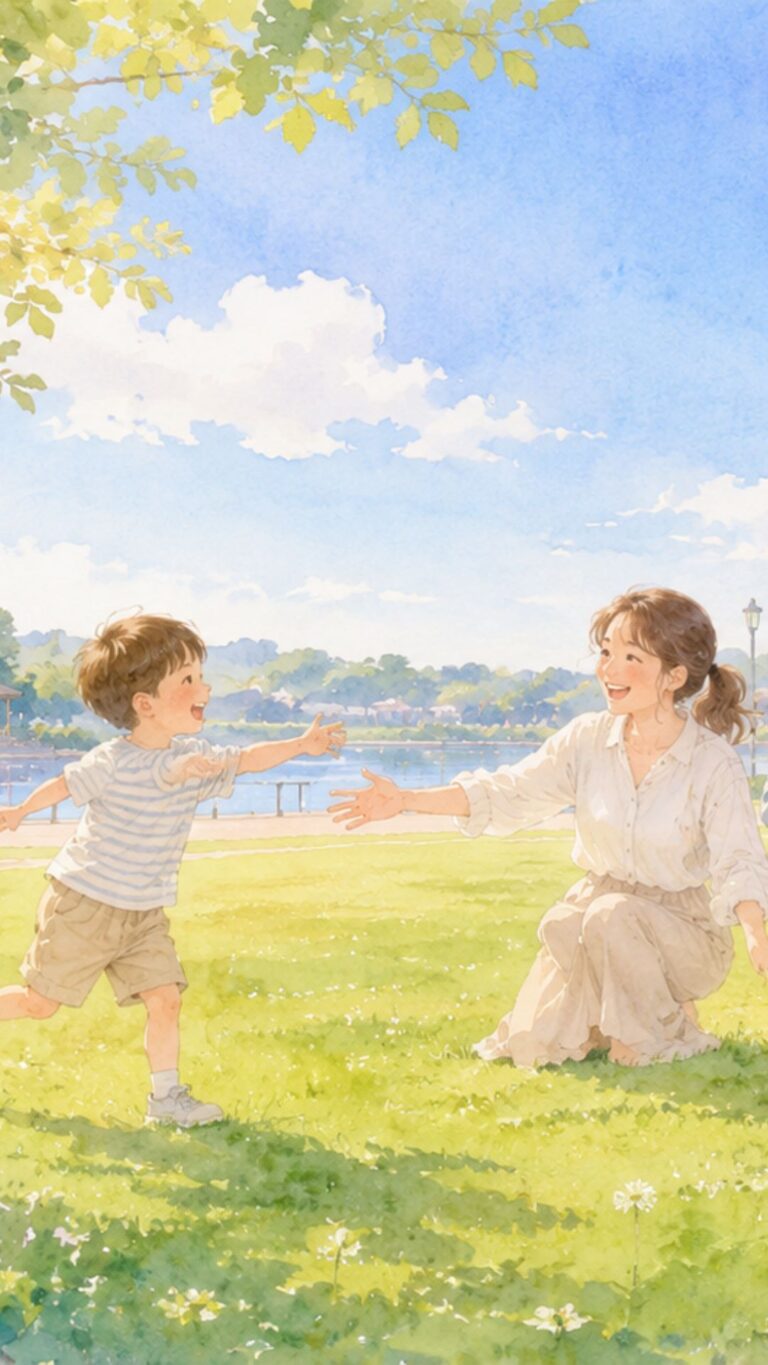 お昼に楽しそうに遊ぶ親子