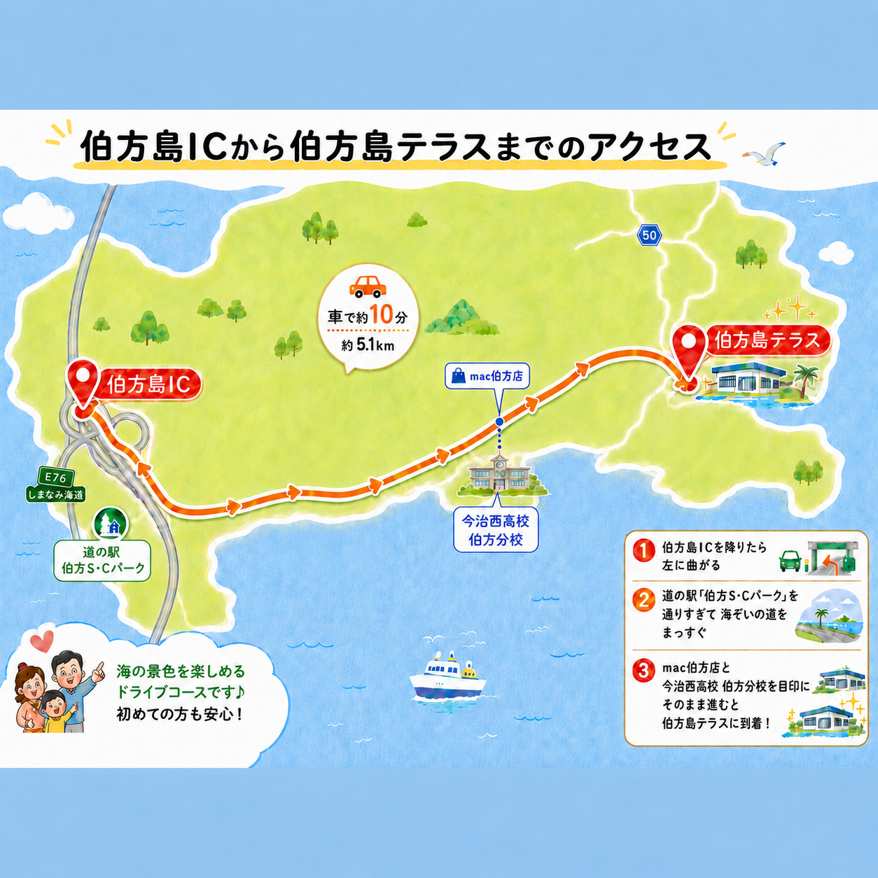 伯方島ICから伯方島テラスまでのアクセスマップ